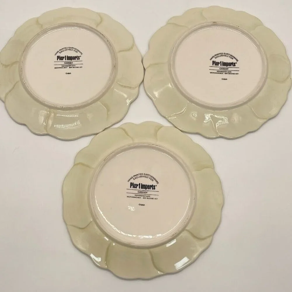 Three Pier 1 Cassidy Salad Dessert Plates Crème (Cream) With Blue Flower‎ 7.5